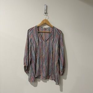 • Tucker NYC • Classic V Neck 3/4 Sleeve Flowy Blouse Stripe Dots Black Multi Md